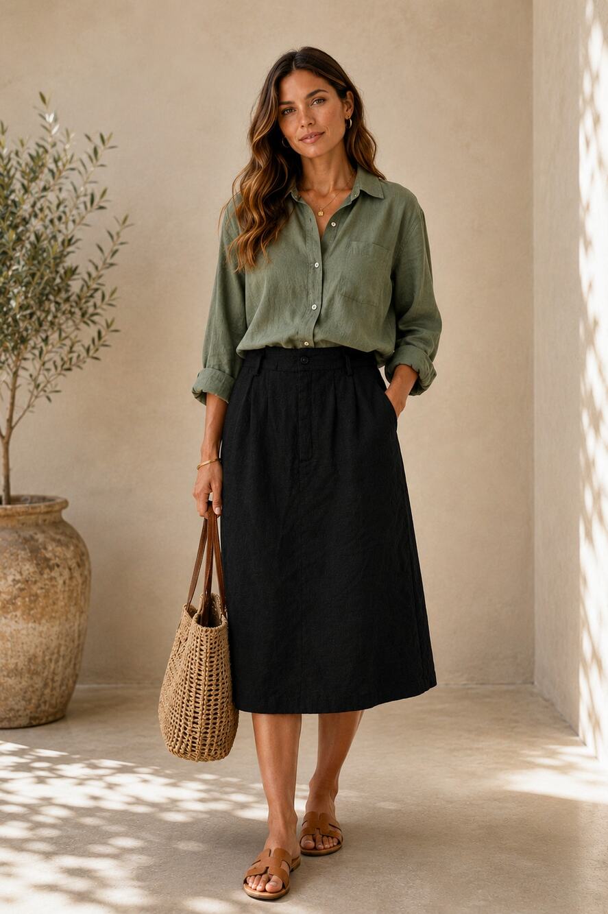 Potomac Black 100% Linen Midi Pencil Skirt Women's Size 16 Classic Career